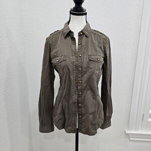 Forever 21 Button Up Top Shirt Size Small Gold Studs Green Uniform Color
